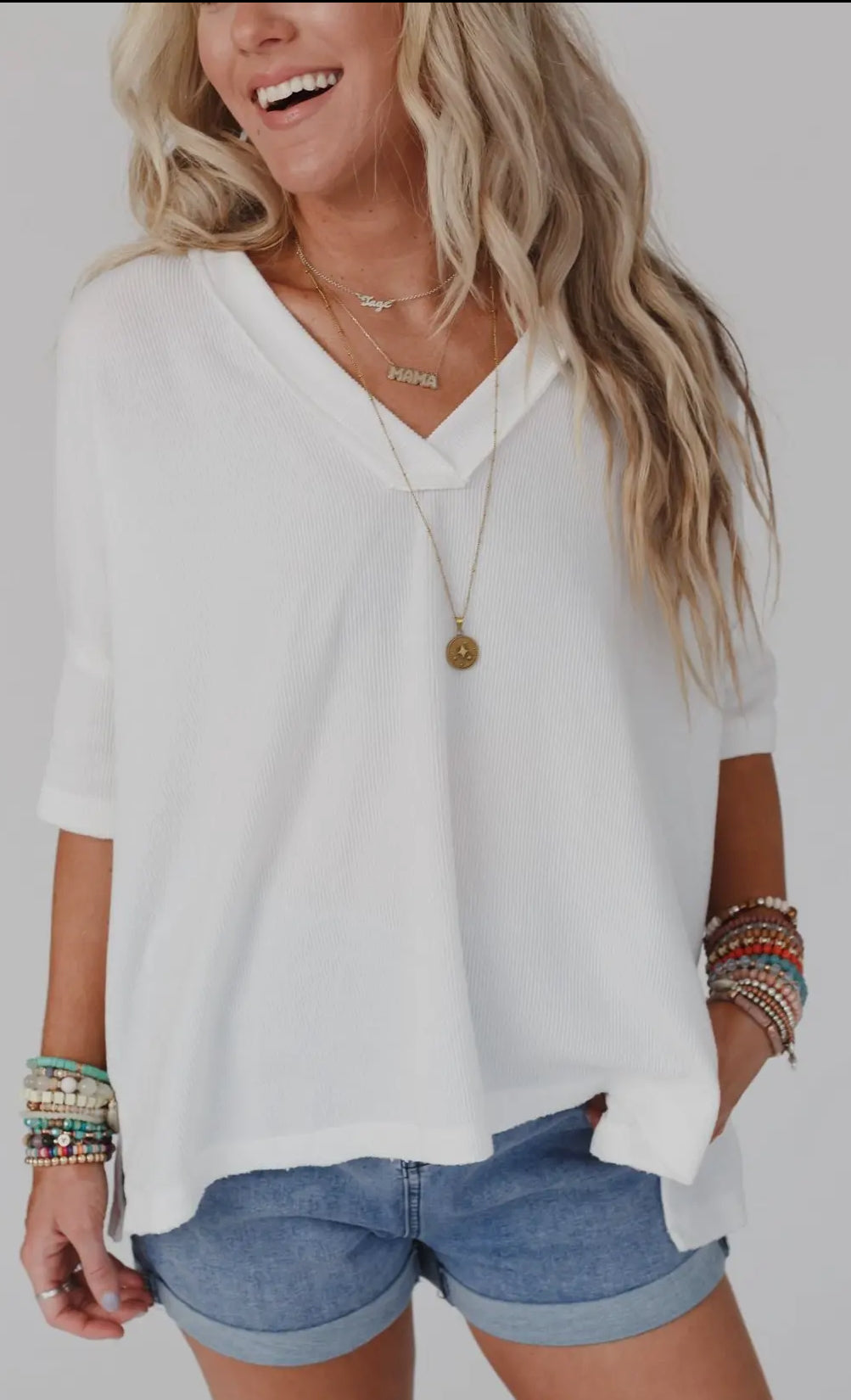V Neck Ribbed Tee white