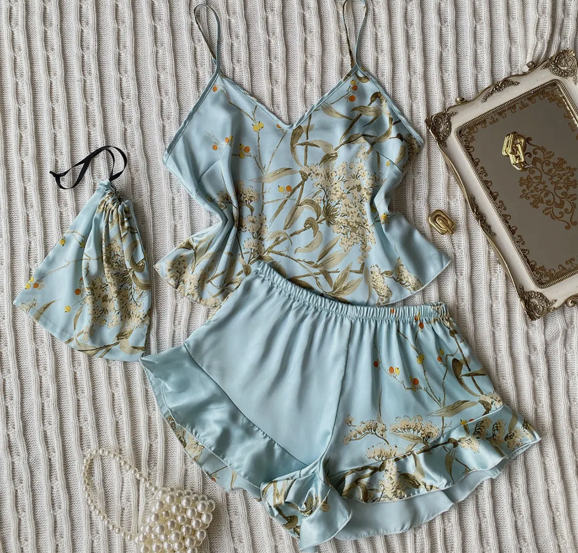 Silky Pajama Short Set-light blue