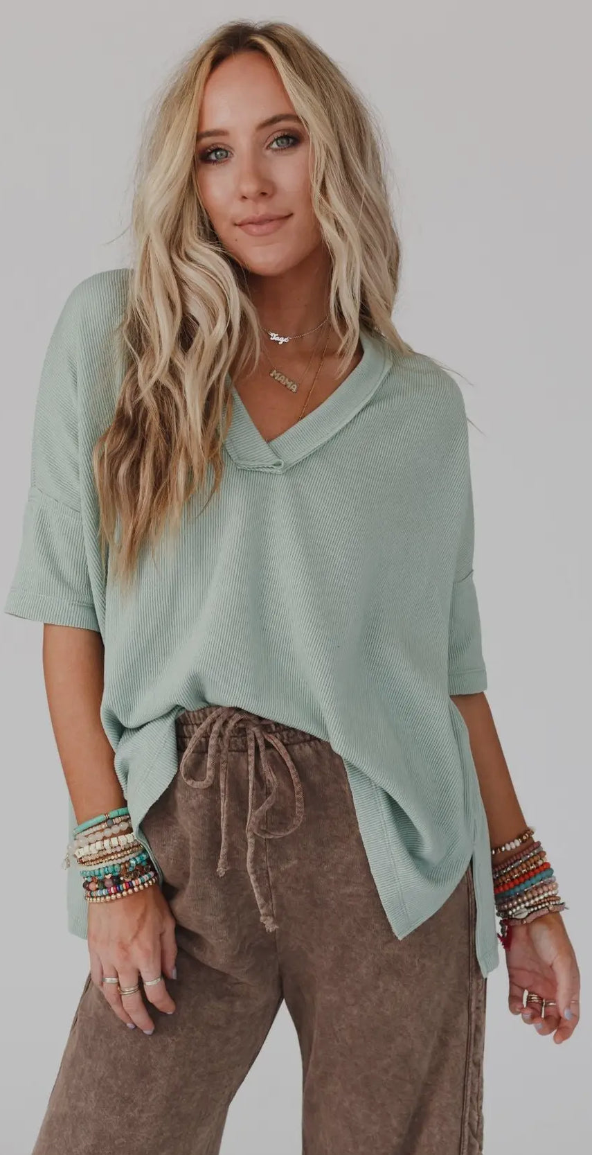 V neck Ribbed Tee in Sage