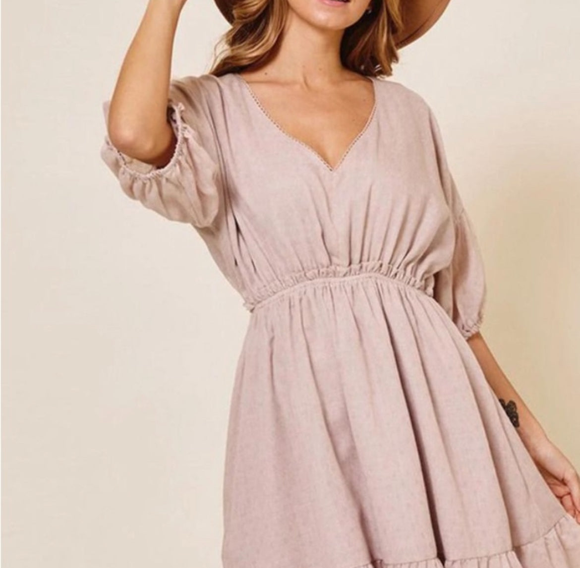 Taupe Short Sleeve Elastic Waist Mini