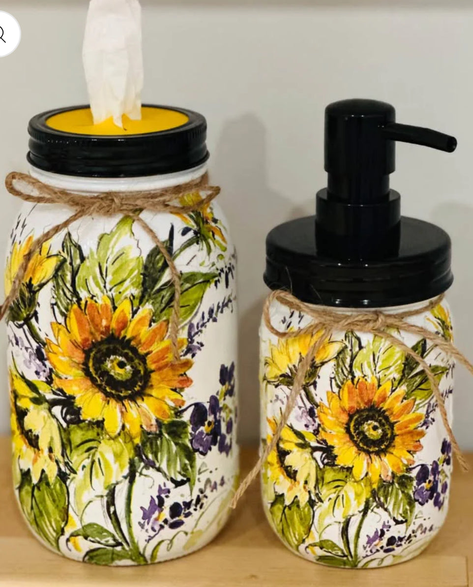 Sunflower and Lavender tissue holder and lotion dispenser set