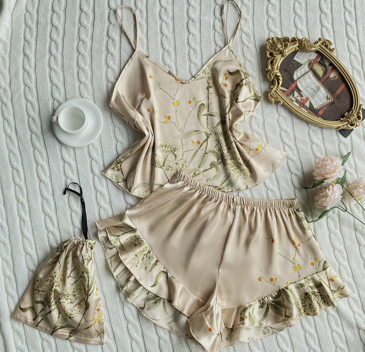 Silky Pajama shorts set-Champagne