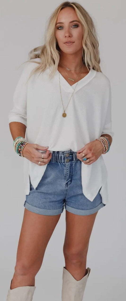 V Neck Ribbed Tee white