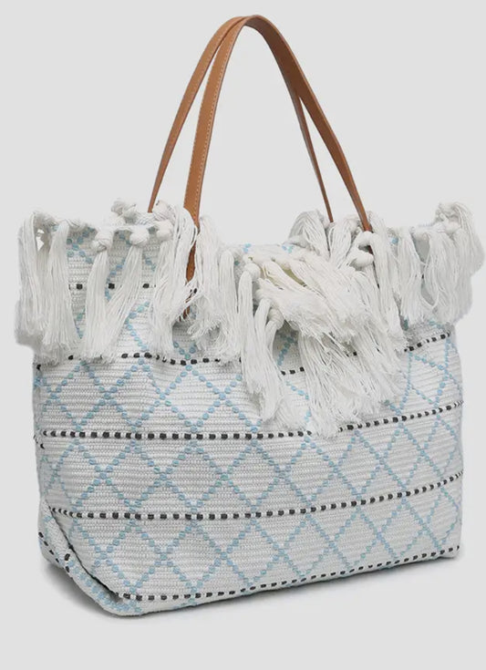 Blue & White Fringe Tote