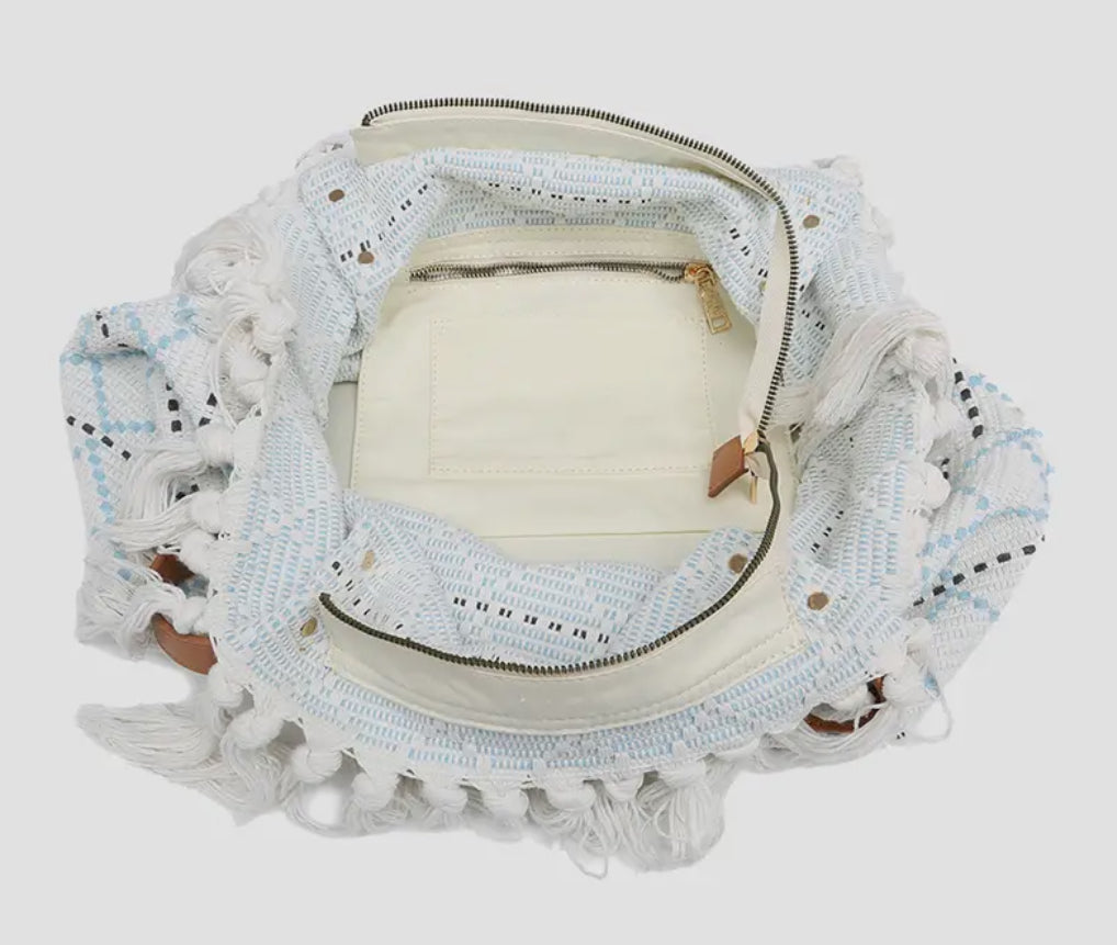 Blue & White Fringe Tote