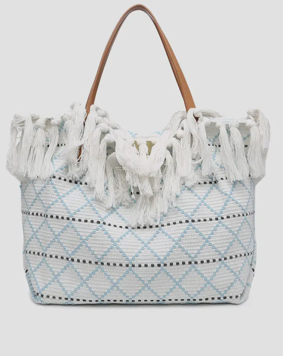 Blue & White Fringe Tote